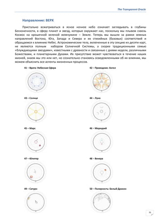 The Transparent Oracle
70
Направление: ВЕРХ
Пристально всматриваться в ясное ночное небо означает заглядывать в глубины
Бесконечности, в сферу планет и звезд, которые окружают нас, поскольку мы плывем сквозь
Космос на крошечной зеленой жемчужине – Земле. Теперь мы вышли за рамки земных
направлений Востока, Юга, Запада и Севера и их стихийных (базовых) соответствий и
обращаемся к влиянию Небес. Астрономические тела, включенные в эту секцию из десяти карт,
не являются полным набором Солнечной Системы, а скорее традиционными семью
«блуждающими звездами», известными с древности и связанные с днями недели, различными
Божествами, и планетарными Духами. Их присутствие может чувствоваться в течение наших
жизней, знаем мы это или нет, но сознательно становясь осведомленными об их влиянии, мы
можем объяснить все аспекты жизненных процессов.
41 − Врата: Небесная Сфера 42 − Проводник: Ангел
43 – Солнце 44 − Луна
45 – Марс 46 − Меркурий
47 – Юпитер 48 − Венера
49 – Сатурн 50 − Полярность: Белый Дракон
 