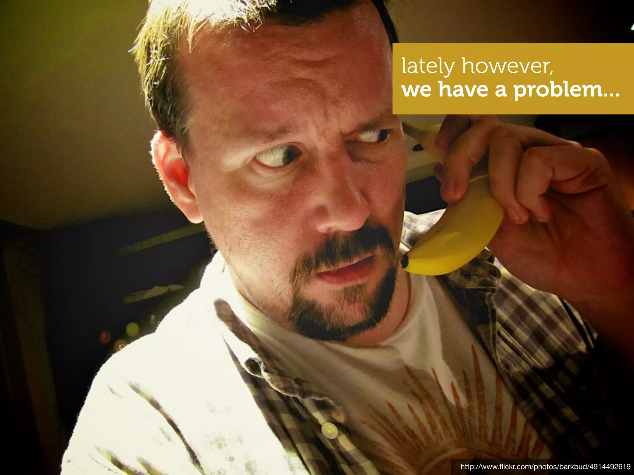 lately however,
we have a problem...




     http://www.ﬂickr.com/photos/barkbud/4914492619
 