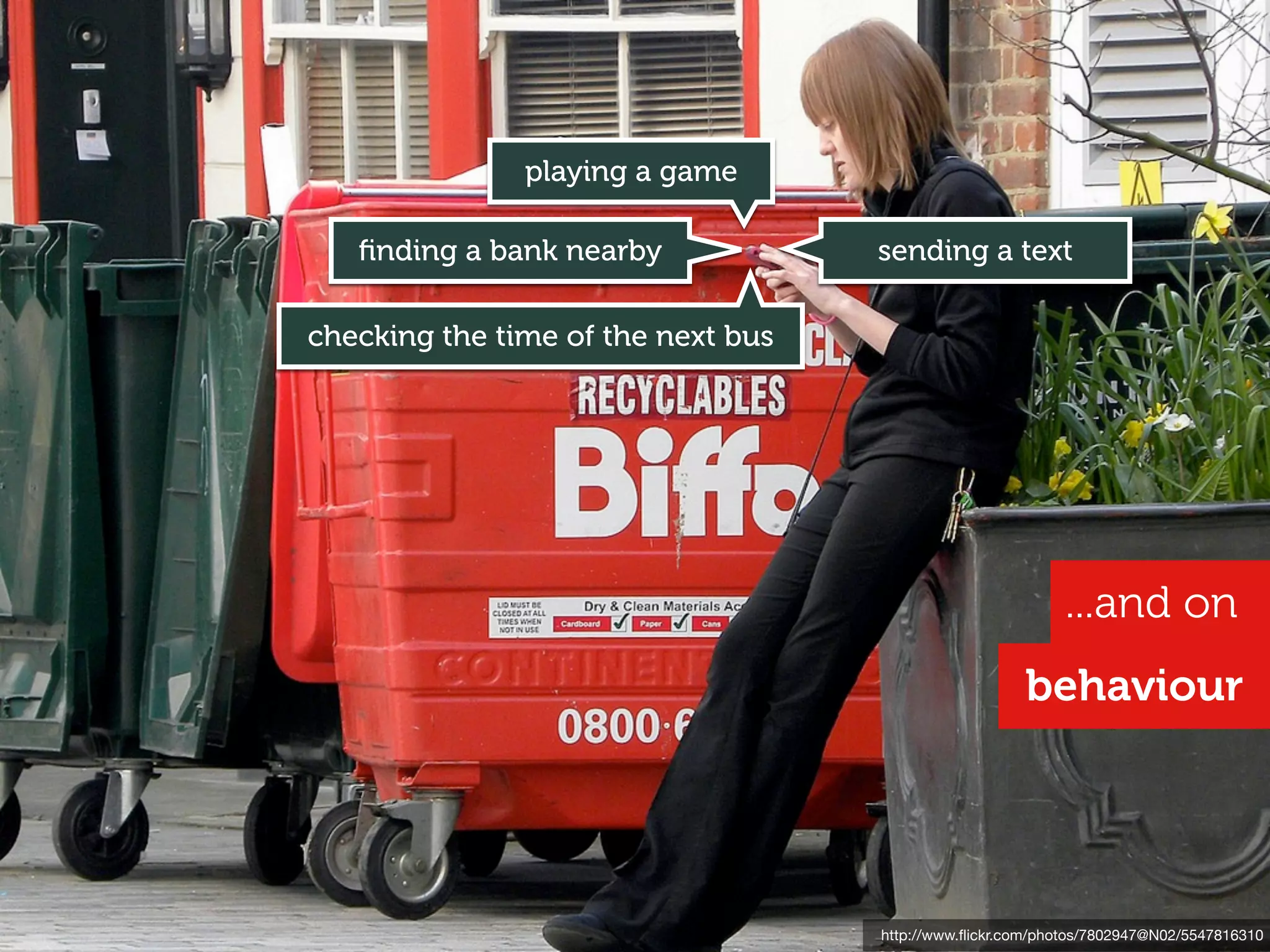playing a game

   ﬁnding a bank nearby             sending a text

checking the time of the next bus




                                                            ...and on
                                                      behaviour




                                    http://www.ﬂickr.com/photos/7802947@N02/5547816310
 