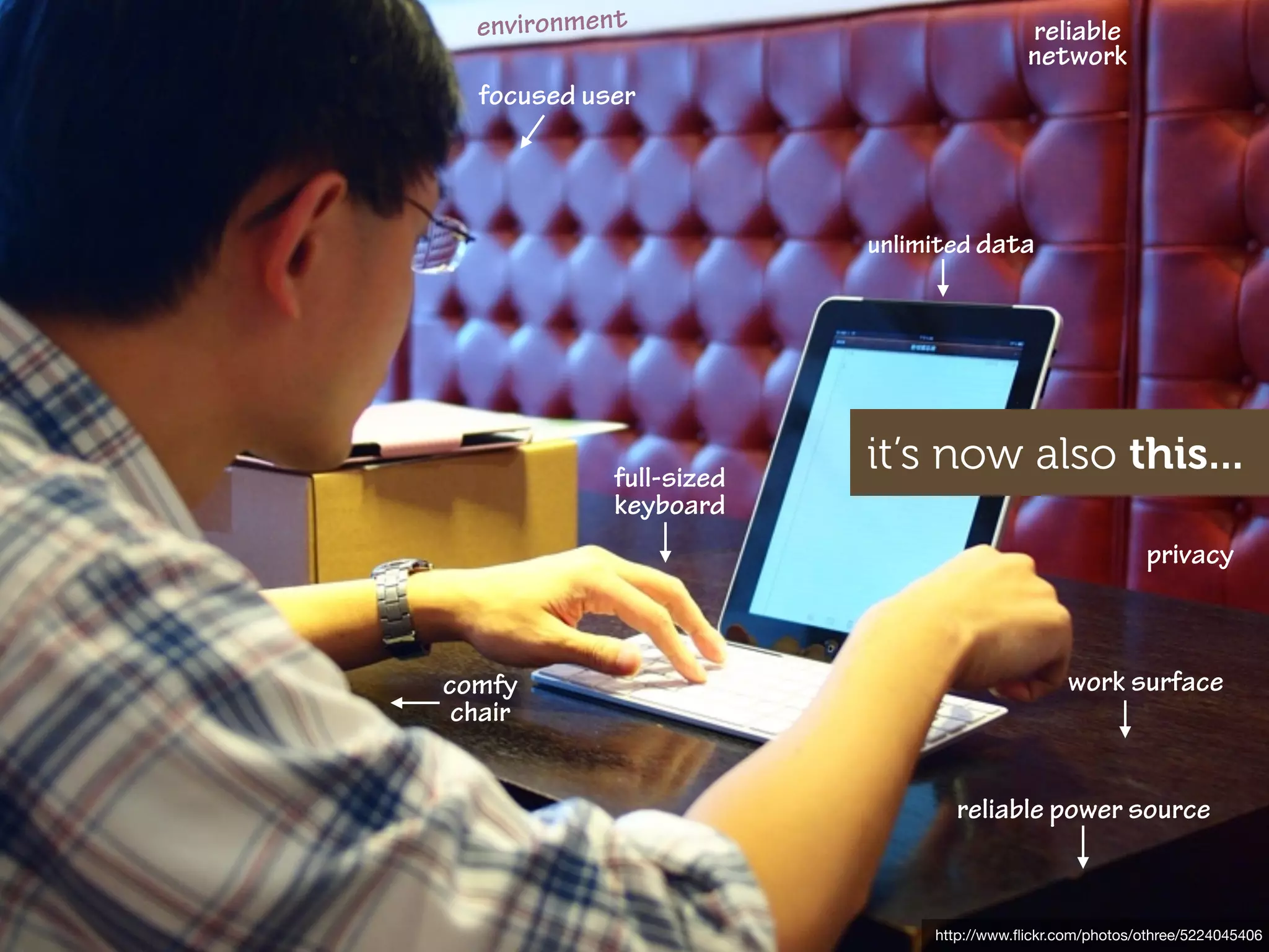 environment                             reliable
                                          network
  focused user



                         unlimited data




            full-sized
                         it’s now also this...
            keyboard
                                                           privacy



comfy                                           work surface
 chair


                                reliable power source



                              http://www.ﬂickr.com/photos/othree/5224045406
 