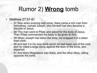 Rumor 2)  Wrong  tomb Matthew 27:57-61  57 Now when evening had come, there came a rich man from Arimathea, named Joseph, who himself had also become a disciple of Jesus. 58 This man went to Pilate and asked for the body of Jesus. Then Pilate commanded the body to be given to him. 59 When Joseph had taken the body, he wrapped it in a clean linen cloth, 60 and laid it in his new tomb which he had hewn out of the rock; and he rolled a large stone against the door of the tomb, and departed. 61 And Mary Magdalene was there, and the other Mary, sitting opposite the tomb.  
