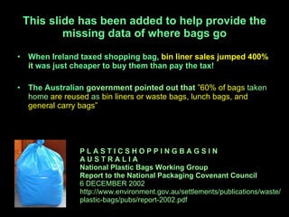 This slide has been added to help provide the missing data of where bags go ,[object Object],[object Object],P L A S T I C S H O P P I N G B A G S I N A U S T R A L I A National Plastic Bags Working Group Report to the National Packaging Covenant Council 6 DECEMBER 2002 http://www.environment.gov.au/settlements/publications/waste/plastic-bags/pubs/report-2002.pdf 