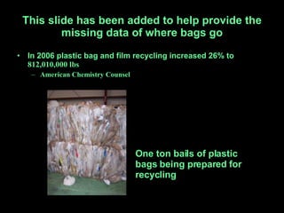 This slide has been added to help provide the missing data of where bags go ,[object Object],[object Object],One ton bails of plastic bags being prepared for recycling 