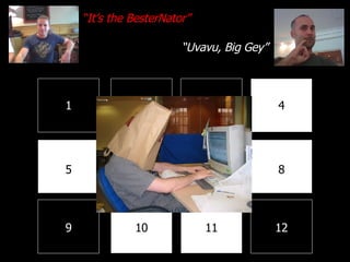 1 2 3 4 8 7 6 5 9 10 11 12 “ It’s the BesterNator” “ Uvavu, Big Gey” 