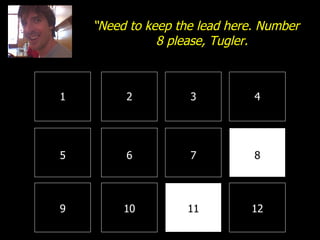 1 2 3 4 8 7 6 5 9 10 11 12 “ Need to keep the lead here. Number 8 please, Tugler. 
