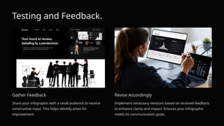 Testing and Feedback.
Gather Feedback
Share your infographic with a small audience to receive
constructive input. This helps identify areas for
improvement.
Revise Accordingly
Implement necessary revisions based on received feedback
to enhance clarity and impact. Ensures your infographic
meets its communication goals.
 