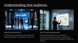 Understanding Your Audience.
Identify Target Audience
Knowing who you are addressing is key. Consider their
interests, demographics, and what they need to know.
Tailor Content Appropriately
Customize the language, tone, and complexity of
information based on your audience's preferences and
understanding. This ensures your infographic is relevant and
engaging.
 