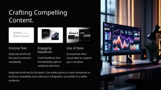 Crafting Compelling
Content.
Concise Text
Keep text brief and
focused to enhance
readability.
Engaging
Headlines
Craft headlines that
immediately capture
audience attention.
Use of Data
Incorporate clear,
visual data to support
your narrative.
Keep text brief and to the point. Use bullet points or short sentences to
enhance readability and make your infographic accessible to a wider
audience.
 