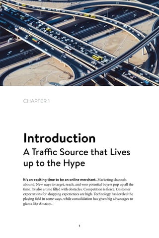 Chapter 1 Introduction
1
CHAPTER 1
Introduction
A Traffic Source that Lives
up to the Hype
It’s an exciting time to be an online merchant. Marketing channels
abound. New ways to target, reach, and woo potential buyers pop up all the
time. It’s also a time filled with obstacles. Competition is fierce. Customer
expectations for shopping experiences are high. Technology has leveled the
playing field in some ways, while consolidation has given big advantages to
giants like Amazon.
 