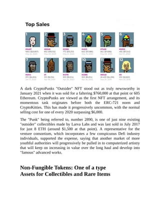 A dark CryptoPunks "Outsider" NFT stood out as truly newsworthy in
January 2021 when it was sold for a faltering $760,000 at that point or 605
Ethereum. CryptoPunks are viewed as the first NFT arrangement, and its
momentous task originates before both the ERC-721 norm and
CryptoKitties. This has made it progressively uncommon, with the normal
selling cost for one of every 2020 surpassing $6,000.
The "Punk" being referred to, number 2890, is one of just nine existing
"outsider" collectibles made by Larva Labs and was last sold in July 2017
for just 8 ETH (around $1,500 at that point). A representative for the
venture consortium, which incorporates a few conspicuous Defi industry
individuals, supported the expense, saying that another market of more
youthful authorities will progressively be pulled in to computerized artistry
that will keep on increasing in value over the long haul and develop into
"famous" advanced works.
Non-Fungible Tokens: One of a type
Assets for Collectibles and Rare Items
 