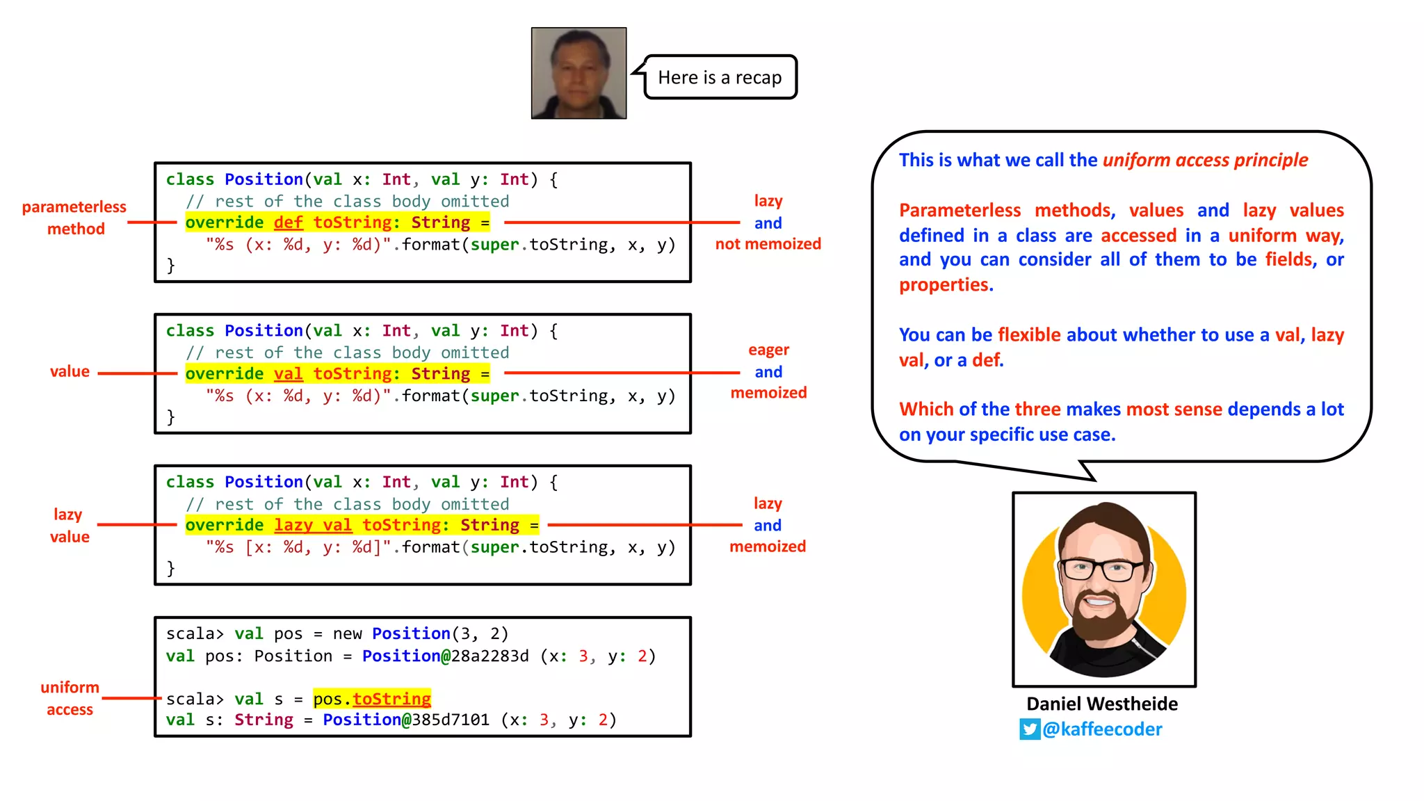 class Position(val x: Int, val y: Int) {
// rest of the class body omitted
override def toString: String =
"%s (x: %d, y: %d)".format(super.toString, x, y)
}
class Position(val x: Int, val y: Int) {
// rest of the class body omitted
override val toString: String =
"%s (x: %d, y: %d)".format(super.toString, x, y)
}
class Position(val x: Int, val y: Int) {
// rest of the class body omitted
override lazy val toString: String =
"%s [x: %d, y: %d]".format(super.toString, x, y)
}
Daniel Westheide
@kaffeecoder
scala> val pos = new Position(3, 2)
val pos: Position = Position@28a2283d (x: 3, y: 2)
scala> val s = pos.toString
val s: String = Position@385d7101 (x: 3, y: 2)
This is what we call the uniform access principle.
Parameterless methods, values and lazy values
defined in a class are accessed in a uniform way,
and you can consider all of them to be fields, or
properties.
You can be flexible about whether to use a val, lazy
val, or a def.
Which of the three makes most sense depends a lot
on your specific use case.
parameterless
method
value
lazy
value
uniform
access
eager
and
memoized
lazy
and
not memoized
lazy
and
memoized
Here is a recap
 