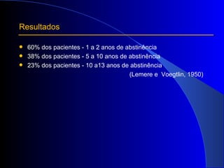 Resultados 60% dos pacientes - 1 a 2 anos de abstinência 38% dos pacientes - 5 a 10 anos de abstinência 23% dos pacientes - 10 a13 anos de abstinência (Lemere e  Voegtlin, 1950)  