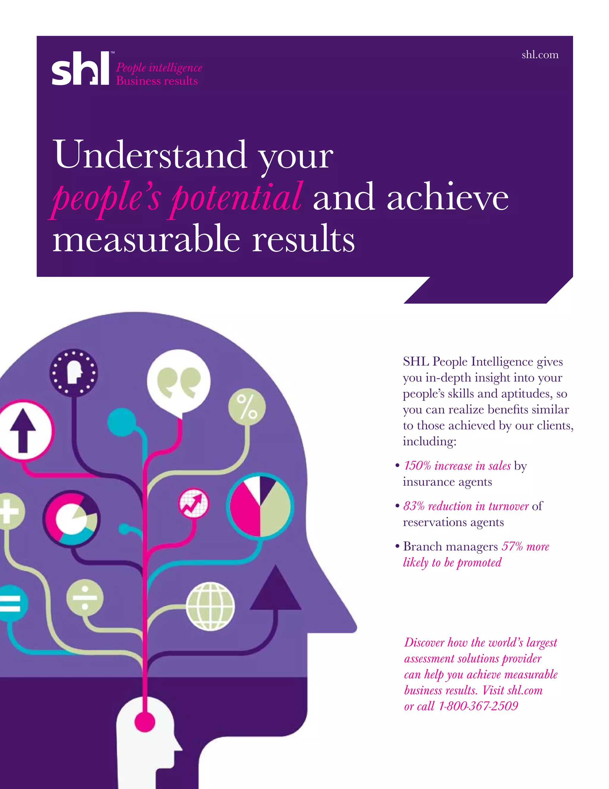 shl.com




Understand your
people’s potential and achieve
measurable results

                      	
                       SHL People Intelligence gives
                       you in-depth insight into your
                       people’s skills and aptitudes, so
                       you can realize benefits similar
                       to those achieved by our clients,
                       including:
                      •	 50% increase in sales by
                        1
                        insurance agents
                      •	 3% reduction in turnover of
                        8
                        reservations agents
                      •	 ranch managers 57% more
                        B
                        likely to be promoted




                        Discover how the world’s largest
                        assessment solutions provider
                        can help you achieve measurable
                        business results. Visit shl.com
                        or call 1-800-367-2509
 