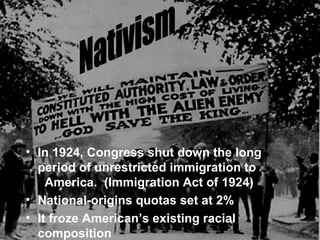 In 1924, Congress shut down the long  period of unrestricted immigration to  America.  (Immigration Act of 1924) National-origins quotas set at 2% It froze American’s existing racial composition Nativism 