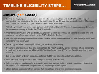 Juniors (11th Grade)
•  Double check your junior year courses selection by comparing them with the NCAA. Add or repeat
courses this year because at the end of the junior year the top 10 core courses are locked in. Make sure
that 7 out of 10 core are in English, Math or Science (DI Rule Only).
•  At the beginning of your junior year, register with the NCAA Eligibility Center at www.ncaa.org. Complete
the amateurism survey and take the PSAT if available.
•  When taking the ACT or SAT use the NCAA Eligibility Center code “9999” as a score recipient. This will
help send your official score directly to the NCAA Eligibility Center.
•  Ask your high school guidance counselor to send an official transcript to the NCAA Eligibility Center after
completing your junior year.
•  Get a copy and check transcript for titles, grades & credits accuracy.
•  If you have attended more than one high school, the NCAA Eligibility Center will need official transcripts
from all high schools attended. (The NCAA Eligibility Center does NOT accept faxed transcripts or test
scores.)
•  Talk to your coach and start contacting colleges that fit your interests and athletic abilities.
•  Write letters to college coaches and send your resume and schedule.
•  Before registering for classes for your senior year, check with your high school counselor to determine
the amount of core courses that you need to complete your senior year.
•  Obtain college applications from schools that interest you and review application process.
TIMELINE ELIGIBILITY STEPS…
 