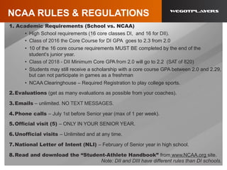 NCAA RULES & REGULATIONS
1.  Academic Requirements (School vs. NCAA)
•  High School requirements (16 core classes DI, and 16 for DII).
•  Class of 2016 the Core Course for DI GPA goes to 2.3 from 2.0
•  10 of the 16 core course requirements MUST BE completed by the end of the
student’s junior year.
•  Class of 2018 - DII Minimum Core GPA from 2.0 will go to 2.2 (SAT of 820)
•  Students may still receive a scholarship with a core course GPA between 2.0 and 2.29,
but can not participate in games as a freshman
•  NCAA Clearinghouse – Required Registration to play college sports.
2. Evaluations (get as many evaluations as possible from your coaches).
3. Emails – unlimited. NO TEXT MESSAGES.
4. Phone calls – July 1st before Senior year (max of 1 per week).
5. Official visit (5) – ONLY IN YOUR SENIOR YEAR.
6. Unofficial visits – Unlimited and at any time.
7. National Letter of Intent (NLI) – February of Senior year in high school.
8. Read and download the “Student-Athlete Handbook” from www.NCAA.org site.
Note: DII and DIII have different rules than DI schools.
 