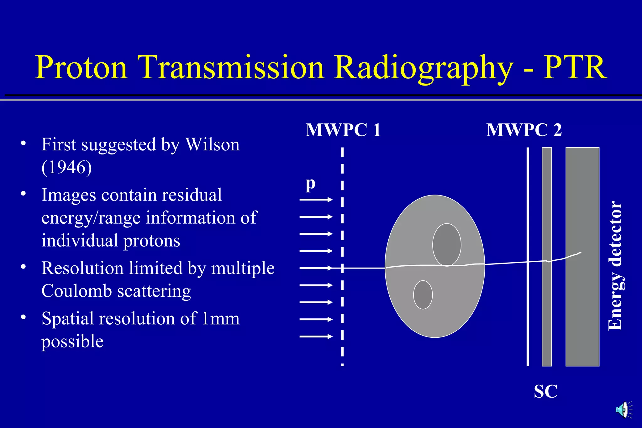 Proton Transmission Radiography - PTR First suggested by Wilson (1946) Images contain residual energy/range information of individual protons Resolution limited by multiple Coulomb scattering Spatial resolution of 1mm possible MWPC 2 MWPC 1 SC p Energy detector 