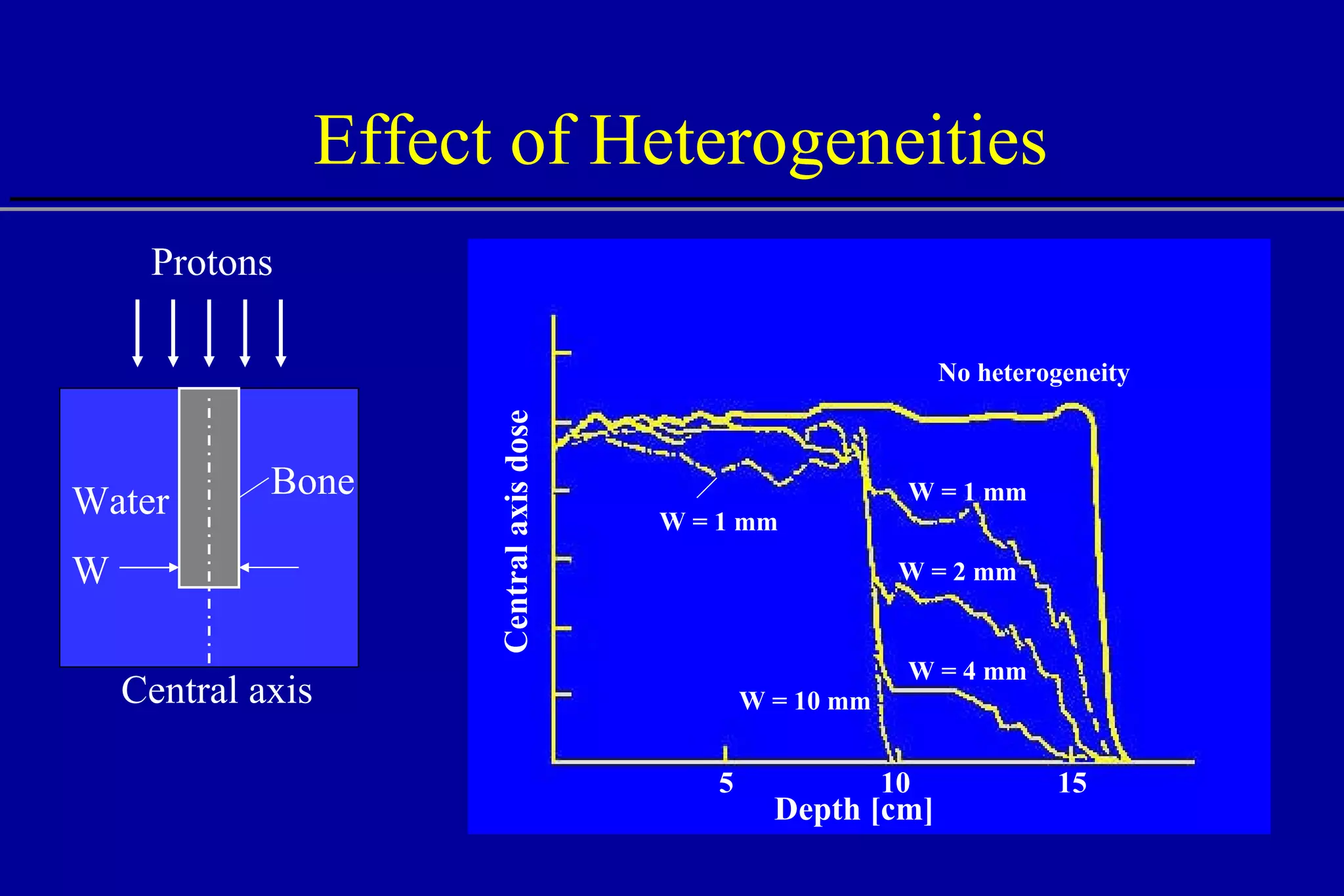 Effect of Heterogeneities W = 10 mm W = 4 mm W = 2 mm W = 1 mm W = 1 mm No heterogeneity Bone Water Protons W Central axis Depth [cm] 15 5 10 Central axis dose 