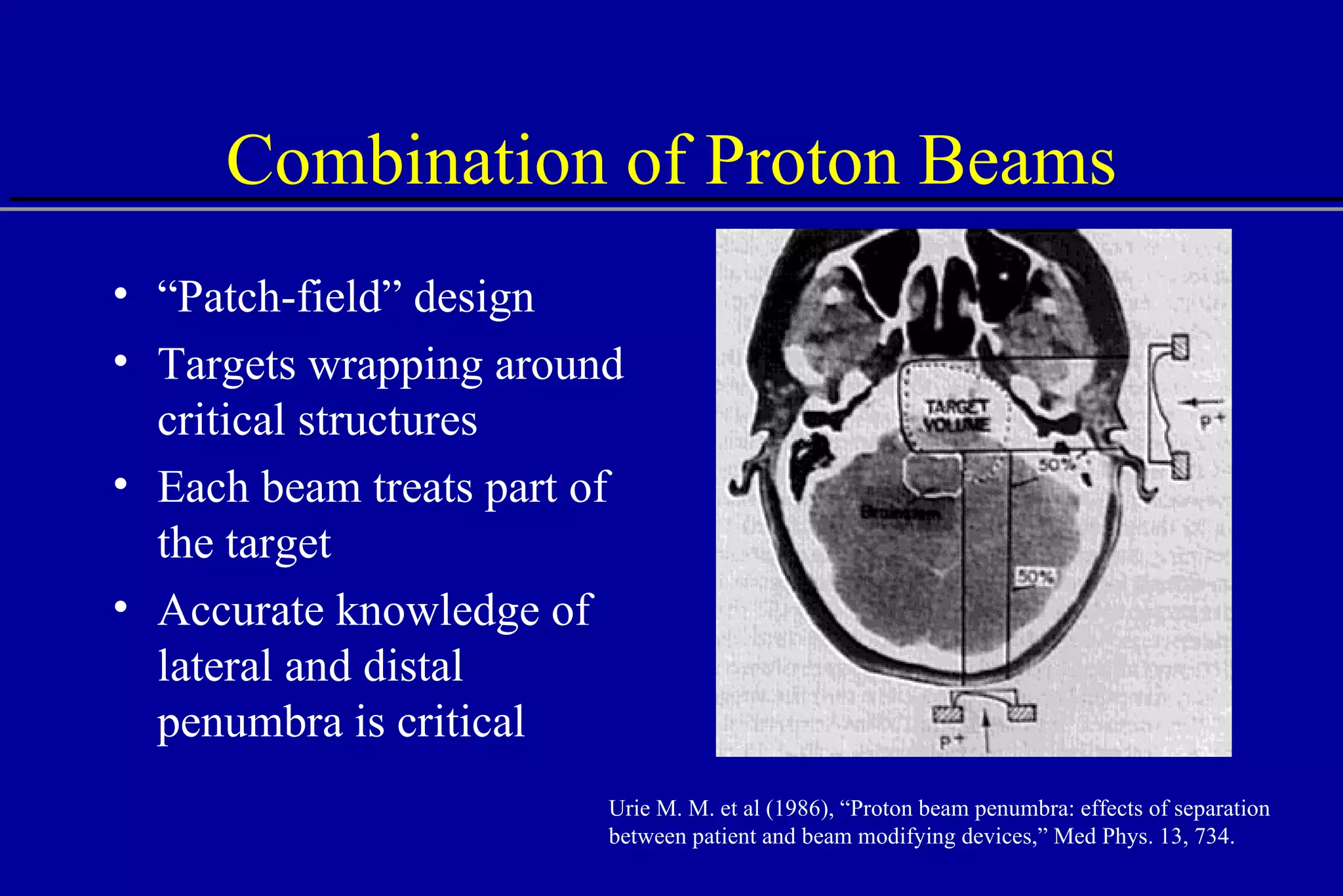 Combination of Proton Beams “ Patch-field” design Targets wrapping around critical structures Each beam treats part of the target Accurate knowledge of lateral and distal penumbra is critical Urie M. M. et al (1986), “Proton beam penumbra: effects of separation between patient and beam modifying devices,” Med Phys. 13, 734. 