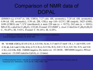 Comparison of NMR data of DOPAL Synthesis of a Bichemically Important Aldehyde 3,4-dihydroxy acetaldehyde Li et al, Bioorganic Chemistry, 26, 45-50 1998 3,4-Dihyroxystyrene Dimers, Inducers of Larval Metamorphosis of Ascidians from a Marine Sponge Jaspis sp Tsukamoto et al, Tetrahedron, Vol 50, No 48, 13583-13592, 1994 