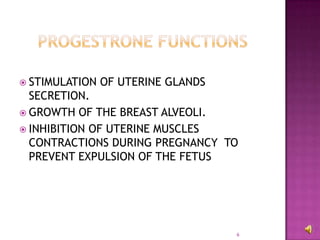 6PROGESTRONE FUNCTIONSSTIMULATION OF UTERINE GLANDS SECRETION.GROWTH OF THE BREAST ALVEOLI.INHIBITION OF UTERINE MUSCLES CONTRACTIONS DURING PREGNANCY  TO PREVENT EXPULSION OF THE FETUS
