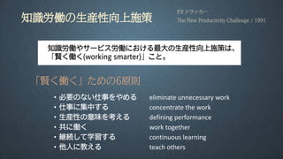 • 必要のない仕事をやめる eliminate unnecessary work
• 仕事に集中する concentrate the work
• 生産性の意味を考える defining performance
• 共に働く work together
• 継続して学習する continuous learning
• 他人に教える teach others
知識労働やサービス労働における最大の生産性向上施策は、
「賢く働く(working smarter)」こと。
「賢く働く」ための6原則
知識労働の生産性向上施策
P.F.ドラッカー
The New Productivity Challenge / 1991
 
