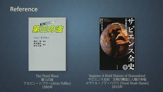 The Third Wave
第三の波
アルビン・トフラー(Alvin Toffler)
1980年
Sapiens: A Brief History of Humankind
サピエンス全史 文明の構造と人類の幸福
ユヴァル・ノア・ハラリ (Yuval Noah Harari)
2015年
Reference
 