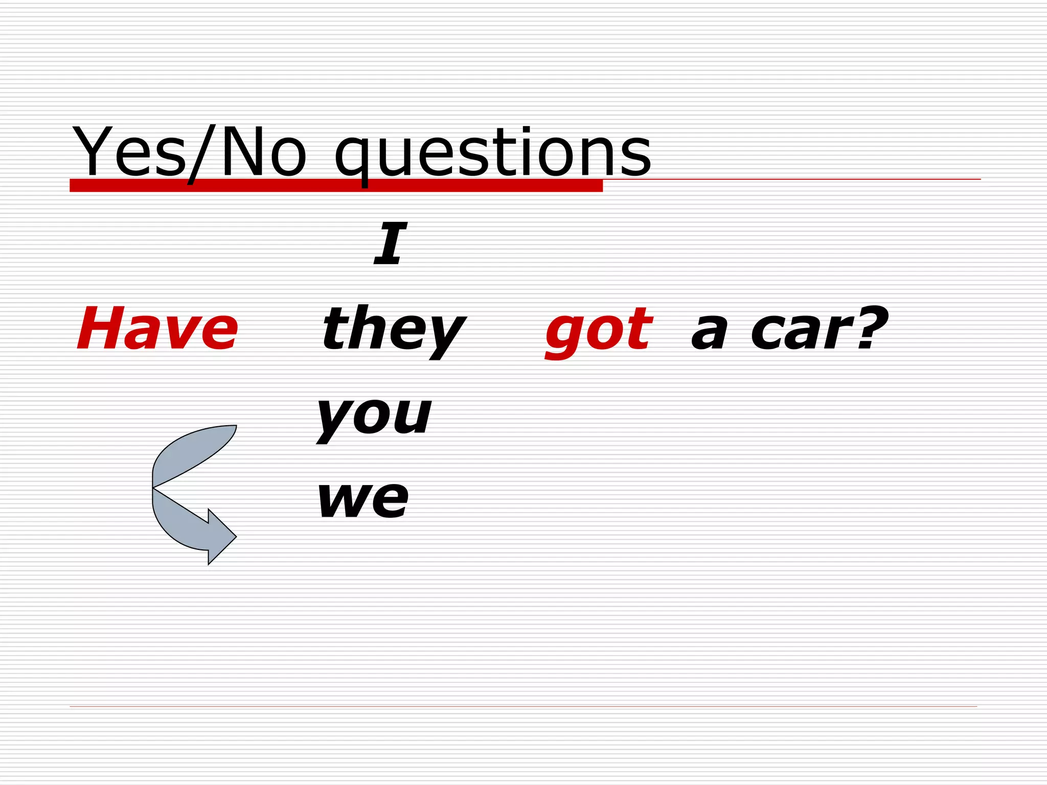 Yes/No questions I   Have   they  got   a car? you we   