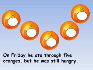 On Friday he ate through five
oranges, but he was still hungry.
 