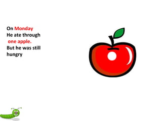 On Monday
He ate through
one apple.
But he was still
hungry
 