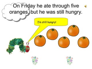 On Friday he ate through five
oranges, but he was still hungry.
I’m still hungry!
 
