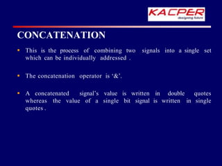 CONCATENATION
signals into a single set
 This is the process of combining two
which can be individually addressed .
 The concatenation operator is ‘&’.
in double
is written
quotes
in single
 A concatenated signal’s value is written
whereas the value of a single bit signal
quotes .
 