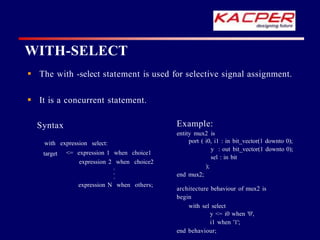 WITH-SELECT
 The with -select statement is used for selective signal assignment.
 It is a concurrent statement.
Syntax
with expression select:
target <= expression 1 when choice1
expression 2 when choice2
.
.
.
expression N when others;
Example:
entity mux2 is
port ( i0, i1 : in bit_vector(1 downto 0);
y : out bit_vector(1 downto 0);
sel : in bit
);
end mux2;
architecture behaviour of mux2 is
begin
with sel select
y <= i0 when '0',
i1 when '1';
end behaviour;
 