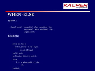 WHEN -ELSE
syntax :
Signal_name<= expression1 when condition1 else
expression2 when condition2 else
expression3;
Example:
entity tri_state is
port (a, enable : in std -logic;
b : out std_logic);
end tri_state;
architecture beh of tri_state is
begin
b <= a when enable =‘1’ else
‘Z’;
end beh;
 