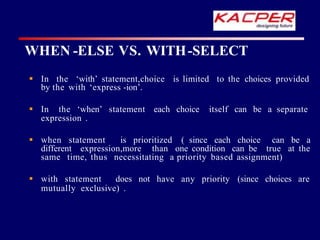 WHEN -ELSE VS. WITH-SELECT
 In the ‘with’ statement,choice is limited to the choices provided
by the with ‘express -ion’.
 In the ‘when’ statement each choice itself can be a separate
expression .
 when statement is prioritized ( since each choice can be a
different expression,more than one condition can be true at the
same time, thus necessitating a priority based assignment)
 with statement does not have any priority (since choices are
mutually exclusive) .
 
