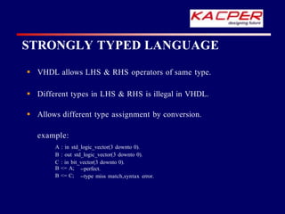 STRONGLY TYPED LANGUAGE
 VHDL allows LHS & RHS operators of same type.
 Different types in LHS & RHS is illegal in VHDL.
 Allows different type assignment by conversion.
example:
A : in std_logic_vector(3 downto 0).
B : out std_logic_vector(3 downto 0).
C : in bit_vector(3 downto 0).
B <= A;
B <= C;
--perfect.
--type miss match,syntax error.
 