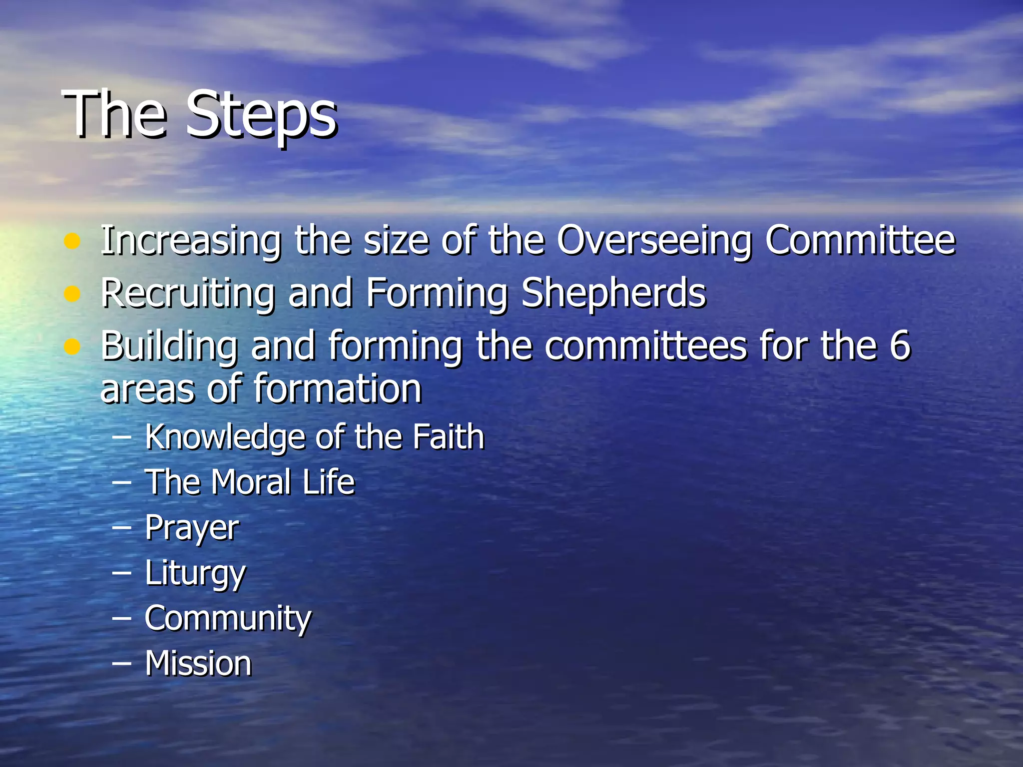 The Steps Increasing the size of the Overseeing Committee Recruiting and Forming Shepherds Building and forming the committees for the 6 areas of formation Knowledge of the Faith The Moral Life Prayer Liturgy Community Mission 