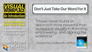 Don't Just Take Our Word For It
Visual Workplace
Easy Tools To Use:
• Label Printers
• Banners/Posters
• Floor/Wall Signs

866-777-1360

“I have never found an
approach more powerful than
workplace visuality in liberating,
empowering, and aligning the
workforce”
--Gwendolyn Galsworth, Author

 