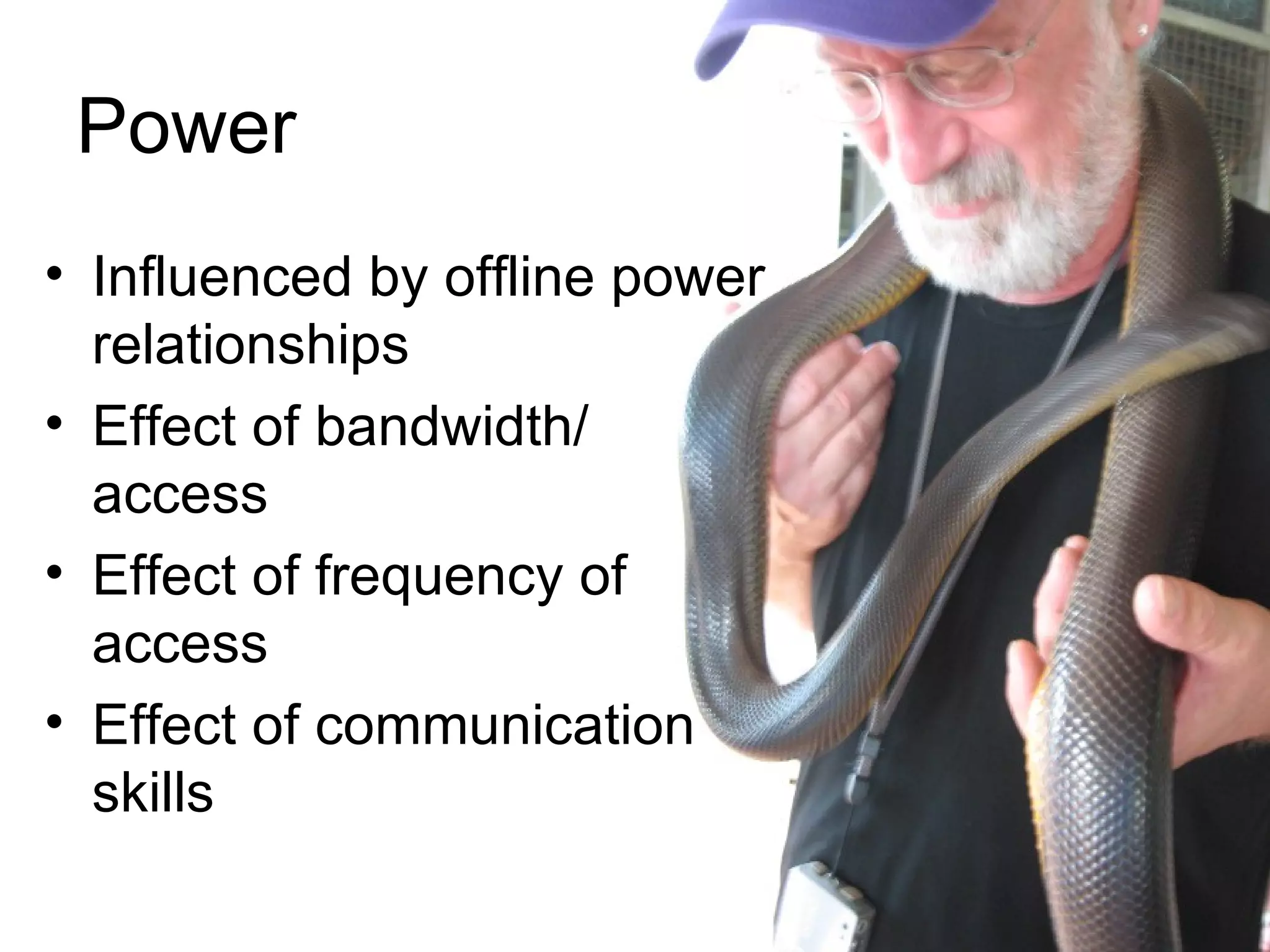 Power Influenced by offline power relationships Effect of bandwidth/ access Effect of frequency of  access Effect of communication skills 