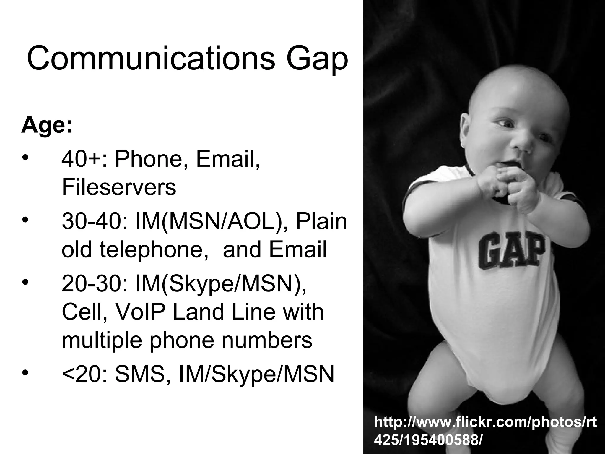 Communications Gap Age: 40+: Phone, Email, Fileservers 30-40: IM(MSN/AOL), Plain old telephone,  and Email 20-30: IM(Skype/MSN), Cell, VoIP Land Line with multiple phone numbers <20: SMS, IM/Skype/MSN http://www.flickr.com/photos/rt425/195400588/ 