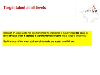 Target talent at all levels Research on social capital has also highlighted the importance of inclusiveness:  top talent is more effective when it operates in vibrant internal networks  with a range of employees . Performance suffers when such social networks are absent or withdrawn. 