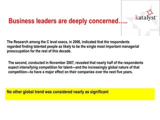 Business leaders are deeply concerned….. The Research among the C level execs, in 2006, indicated that the respondents regarded finding talented people as likely to be the single most important managerial preoccupation for the rest of this decade.  The second, conducted in November 2007, revealed that nearly half of the respondents expect intensifying competition for talent—and the increasingly global nature of that competition—to have a major effect on their companies over the next five years.  No other global trend was considered nearly as significant 