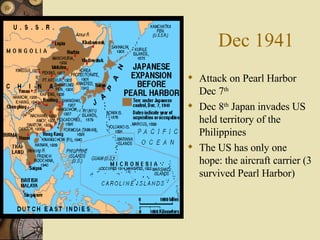 Dec 1941 Attack on Pearl Harbor Dec 7 th Dec 8 th  Japan invades US held territory of the Philippines The US has only one hope: the aircraft carrier (3 survived Pearl Harbor) 