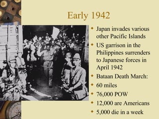 Early 1942 Japan invades various other Pacific Islands US garrison in the Philippines surrenders to Japanese forces in April 1942 Bataan Death March: 60 miles 76,000 POW  12,000 are Americans 5,000 die in a week 
