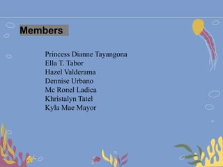Members
Princess Dianne Tayangona
Ella T. Tabor
Hazel Valderama
Dennise Urbano
Mc Ronel Ladica
Khristalyn Tatel
Kyla Mae Mayor
 