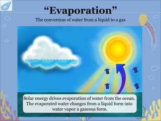 “Evaporation”
The conversion of water from a liquid to a gas
Solar energy drives evaporation of water from the ocean.
The evaporated water changes from a liquid form into
water vapor a gaseous form.
 