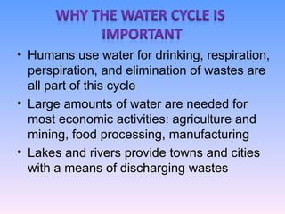 Humans use water for drinking, respiration, perspiration, and elimination of wastes are all part of this cycle Large amounts of water are needed for most economic activities: agriculture and mining, food processing, manufacturing Lakes and rivers provide towns and cities with a means of discharging wastes  