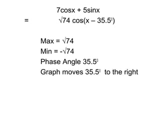 7cosx + 5sinx
= √74 cos(x – 35.50
)
Max = √74
Min = -√74
Phase Angle 35.50
Graph moves 35.50
to the right
 