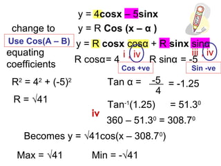 y = 4cosx – 5sinx
change to y = R Cos (x – α )
y = R cosx cosα + R sinx sinα
equating
coefficients R cosα= 4 R sinα = -5
R2
= 42
+ (-5)2
Tan α = -5
4
= -1.25
Tan-1
(1.25) = 51.30
360 – 51.30
= 308.70
i , iv iii , iv
iv
R = √41
Min = -√41Max = √41
Becomes y = √41cos(x – 308.70
)
Use Cos(A – B)
Cos +ve Sin -ve
 