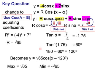 y = -4cosx + 7sinx
change to y = R Cos (x – α )
y = R cosx cosα + R sinx sinα
equating
coefficients R cosα= -4 R sinα = 7
R2
= (-4)2
+ 72
Tan α = 7
-4
= -1.75
Tan-1
(1.75) =600
180 – 600
= 1200
ii , iii i , ii
ii
R = √65
Min = -√65Max = √65
Becomes y = √65cos(x – 1200
)
Use Cos(A – B)
Cos -ve Sin +ve
Key Question
 